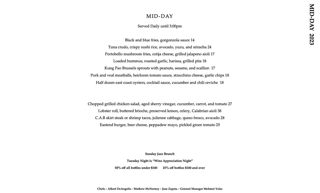 Eastend Restaurant Menu